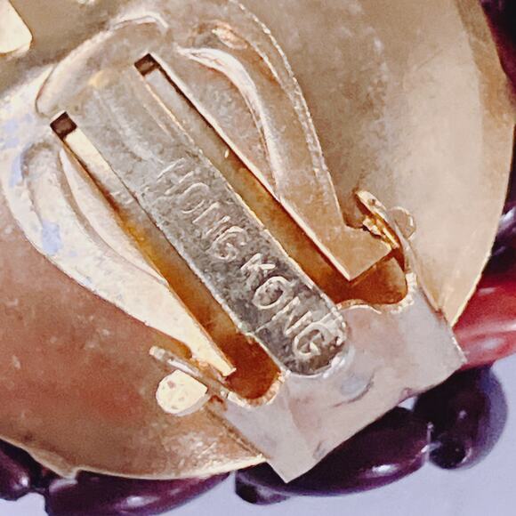 Vintage Hong Kong Beaded Cluster Clip On Earrings Mid Century 1960s Autumn Tones - Picture 9 of 10